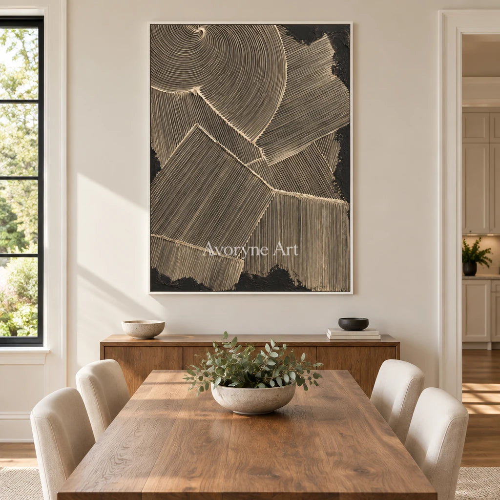 Graphite Facets: Dark Geometric Texture Wall Art — dining white