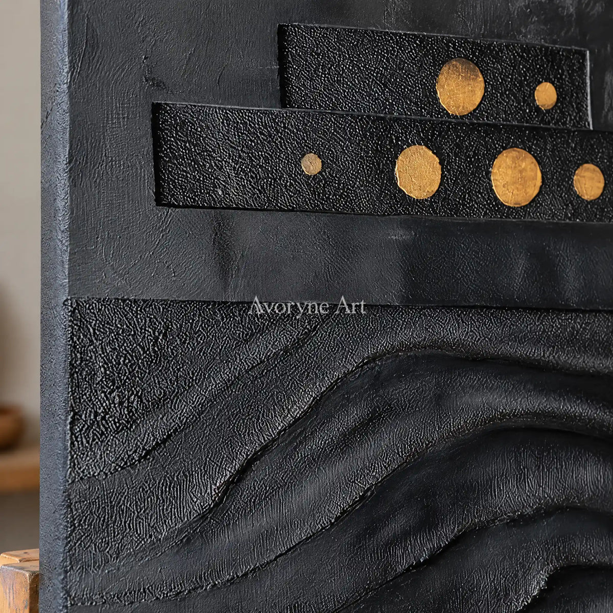 Close-up of the hand-painted texture of Woven Sonata dark mineral relief wall art on an easel