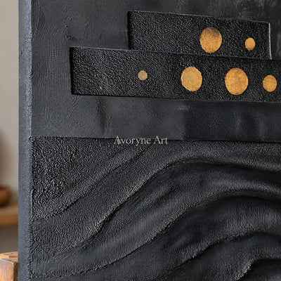 Close-up of the hand-painted texture of Woven Sonata dark mineral relief wall art on an easel