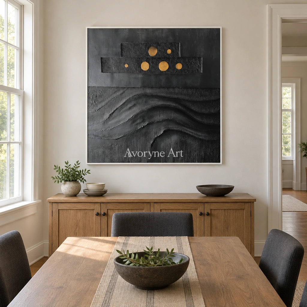Woven Sonata dark mineral relief wall art with a white frame in a dining room