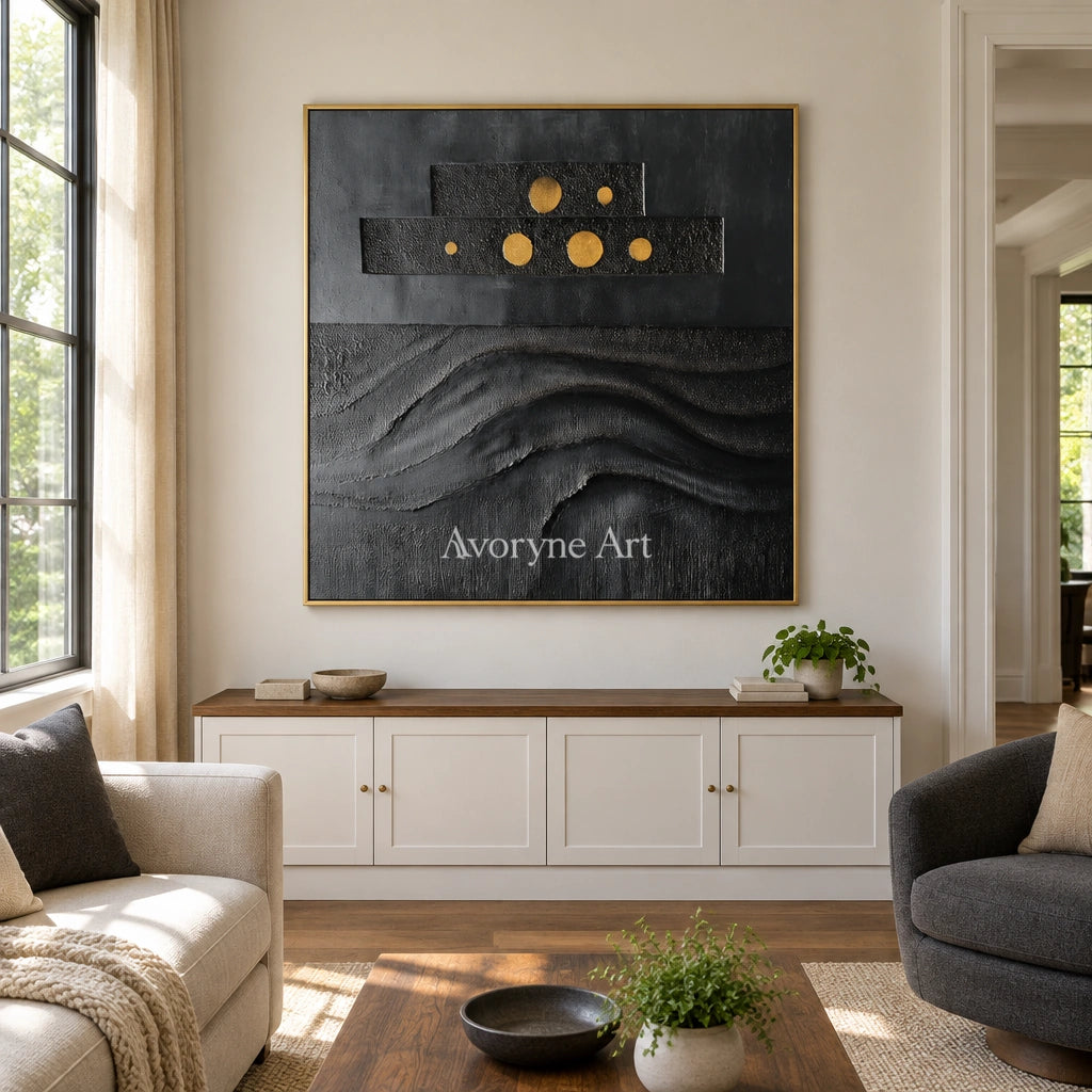 Woven Sonata dark mineral relief wall art with a gold frame hanging in a living room