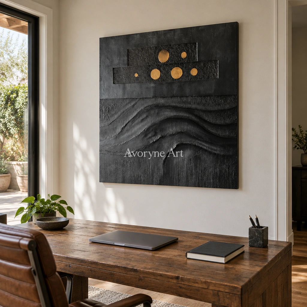 Woven Sonata dark mineral relief wall art as a frameless stretched canvas in a home office