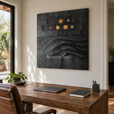Woven Sonata dark mineral relief wall art as a frameless stretched canvas in a home office