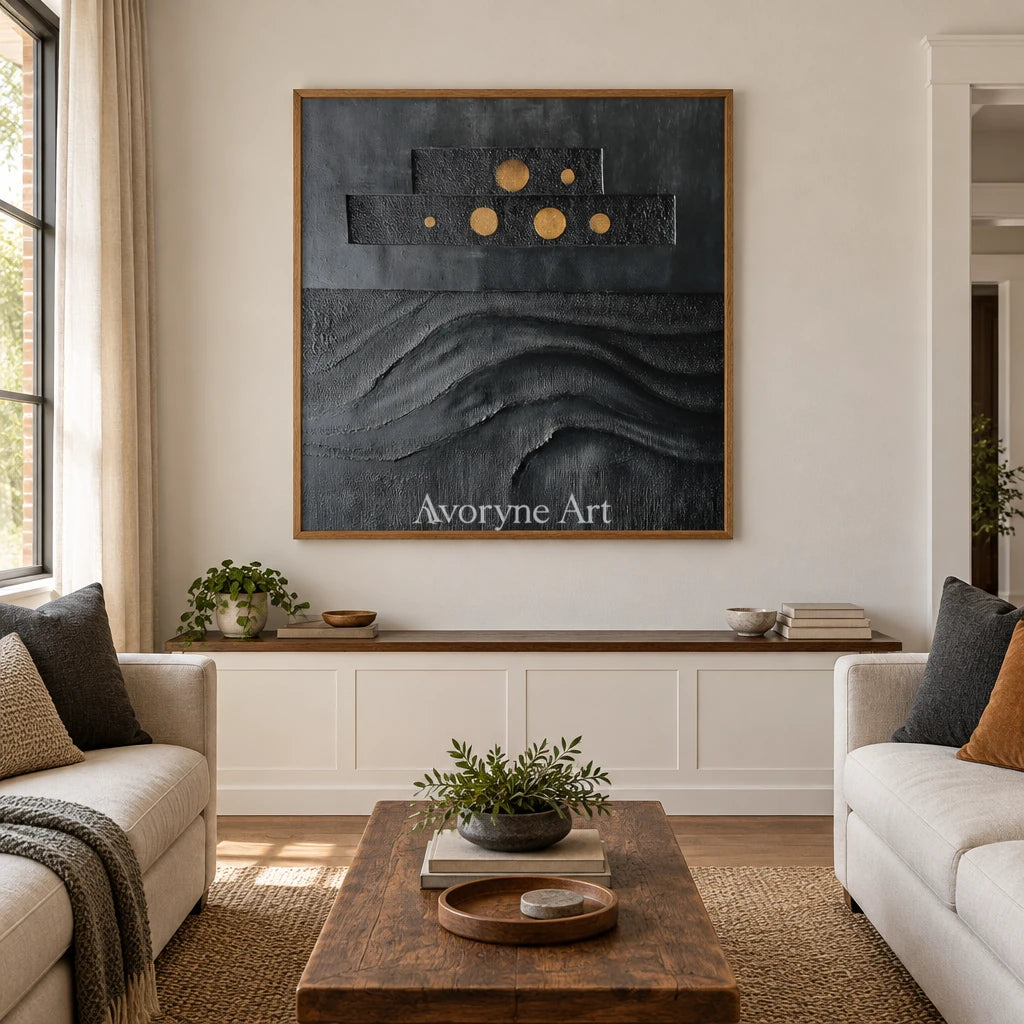 Woven Sonata dark mineral relief wall art with a wood frame in a villa living space