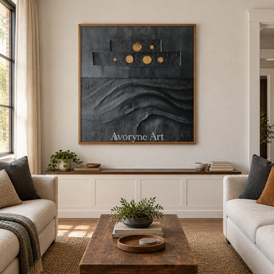 Woven Sonata dark mineral relief wall art with a wood frame in a villa living space