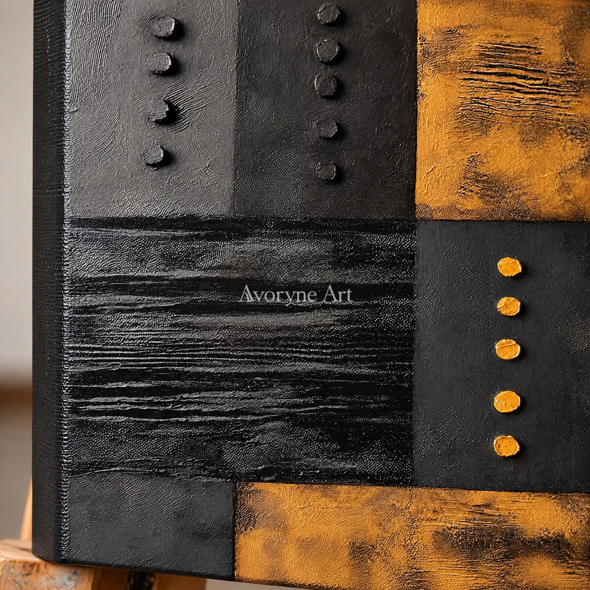 Close-up of the hand-painted texture of Quiet Haven dark mineral relief wall art on an easel
