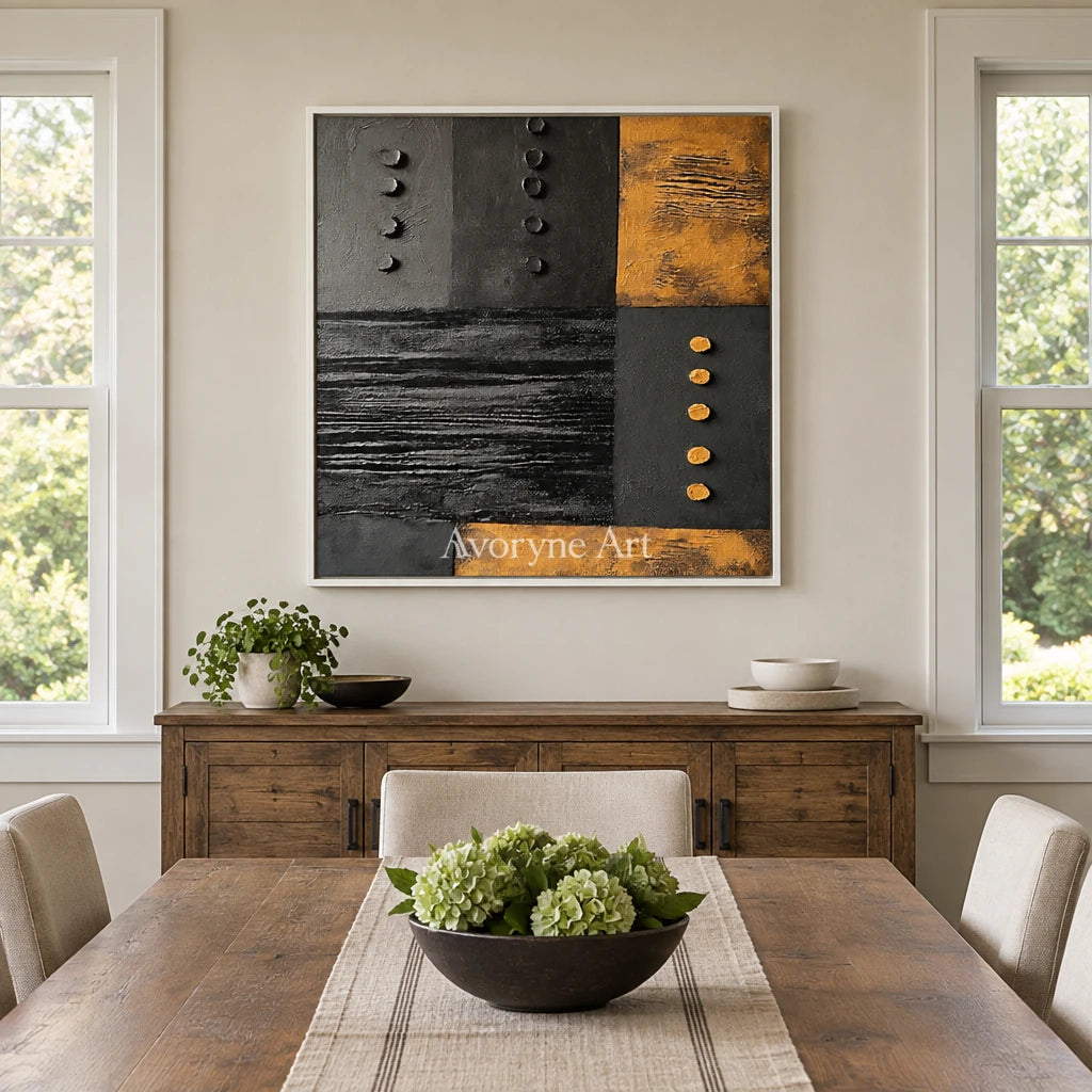 Quiet Haven dark mineral relief wall art with a white frame in a dining room