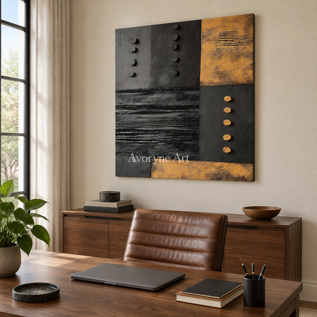 Quiet Haven dark mineral relief wall art as a frameless stretched canvas in a home office