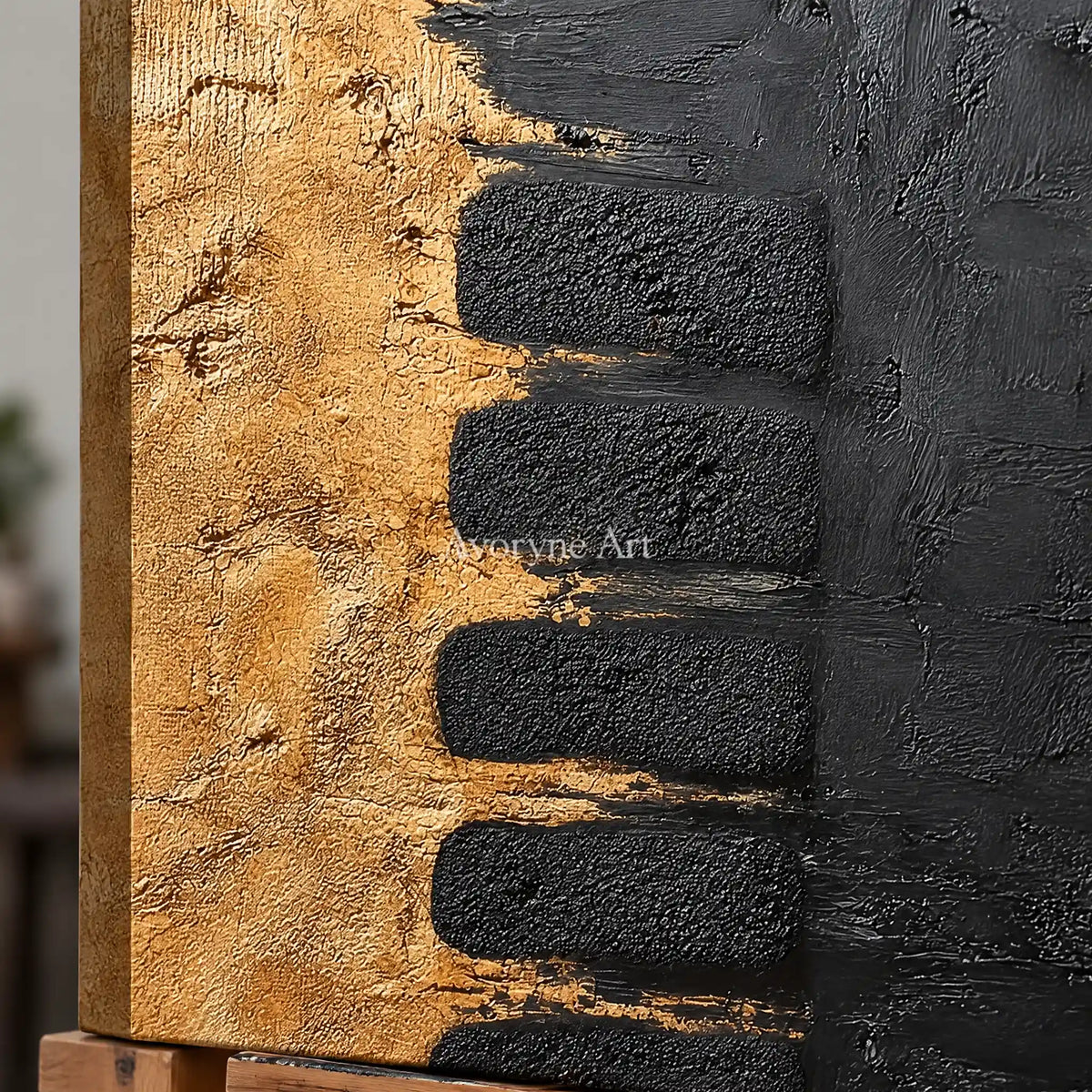 Close-up of the hand-painted texture of Quiet Measure dark mineral relief wall art on an easel