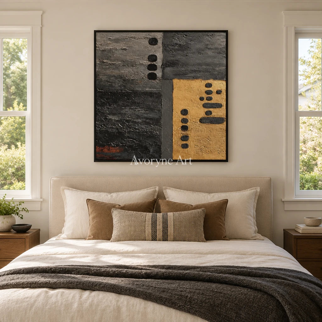 Quiet Field dark mineral relief wall art with a black frame above a bed in a bedroom