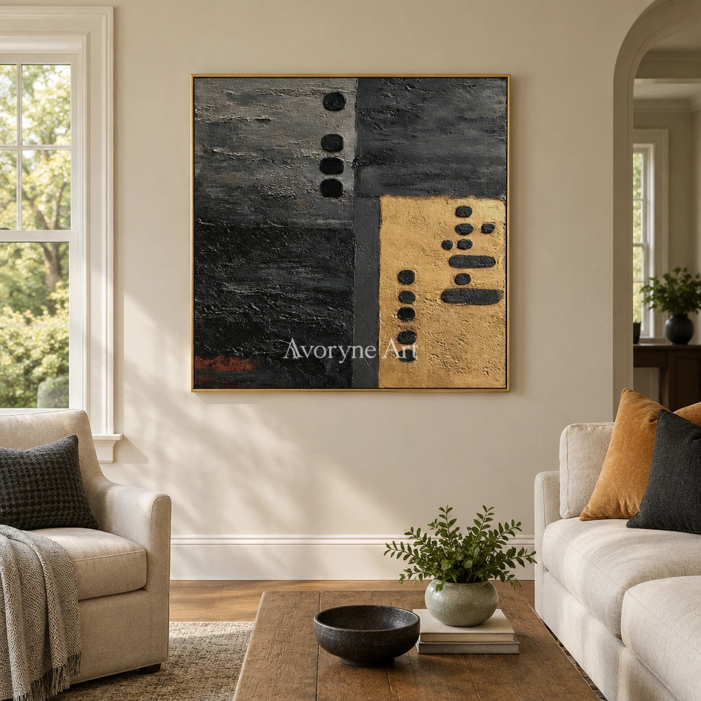 Quiet Field dark mineral relief wall art with a gold frame hanging in a living room