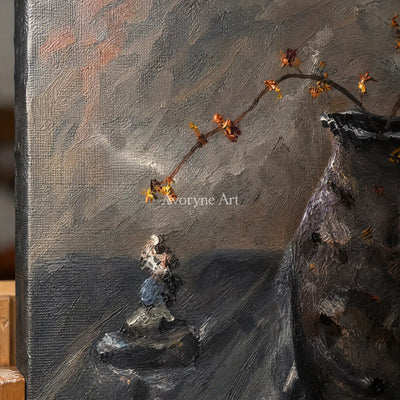 Aster Balance: Dark Vessel Still Life — detail easel