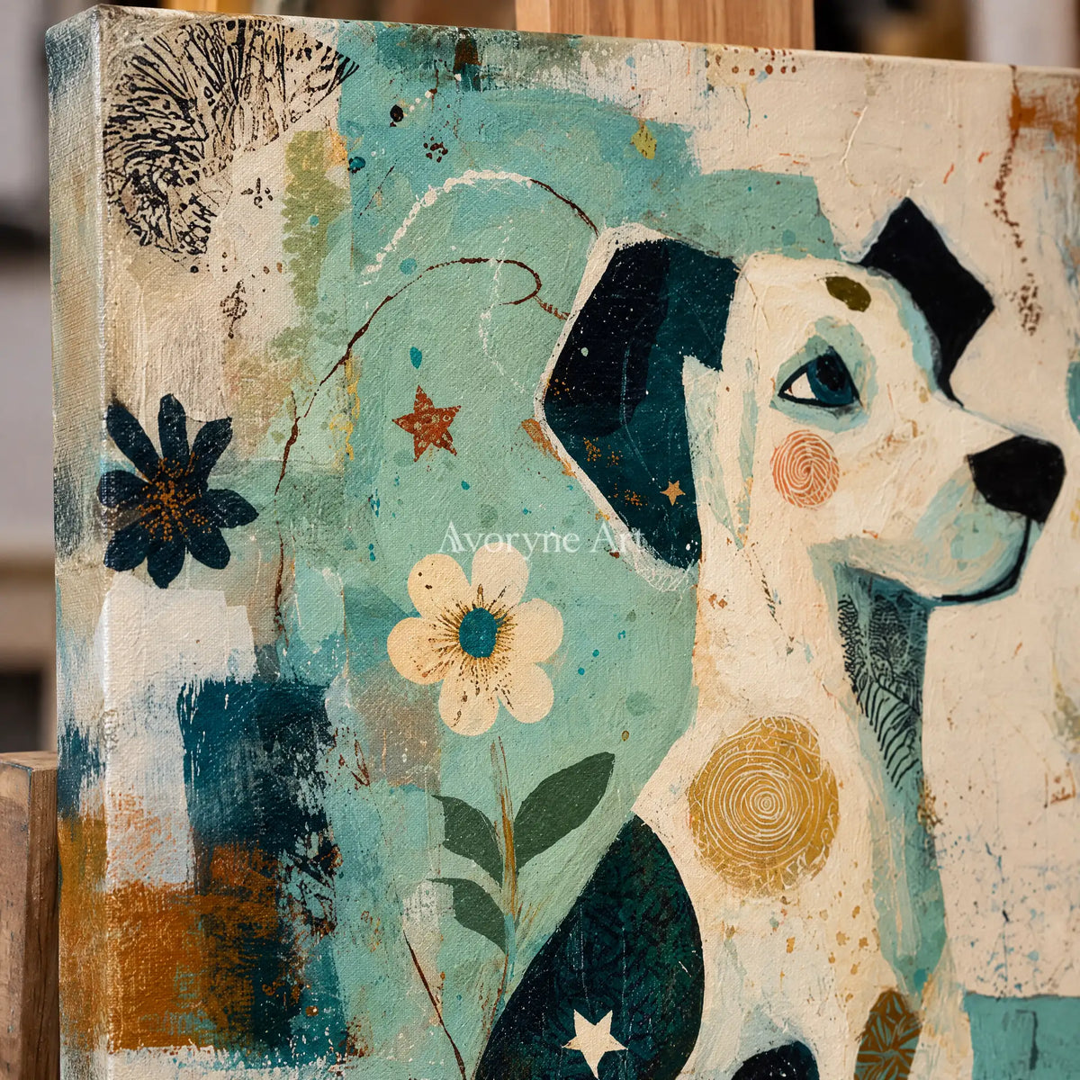 Ivory Amber Current: Decorative Dog Art — detail easel