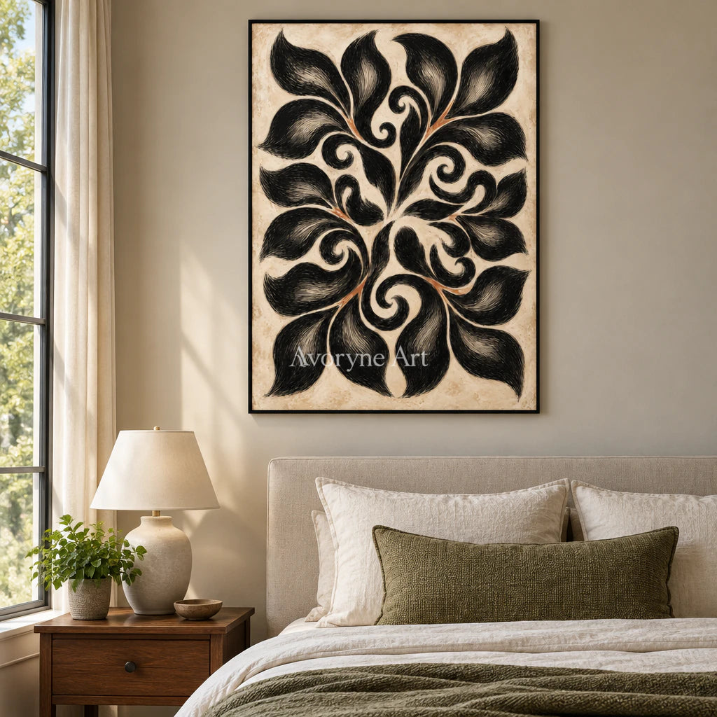 Midnight Botanica: Decorative Floral Pattern Wall Art — bedroom black