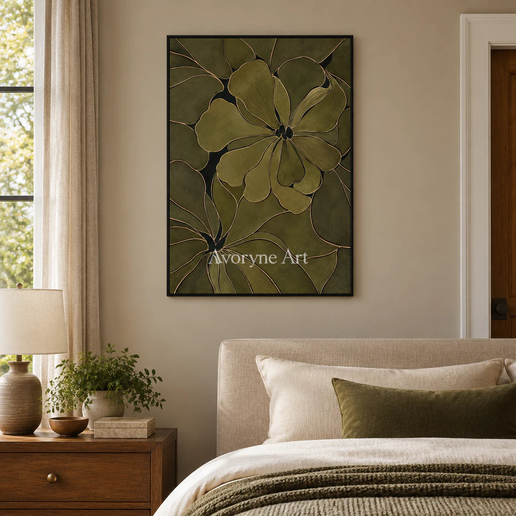 Olive Petals: Decorative Floral Pattern Wall Art — bedroom black