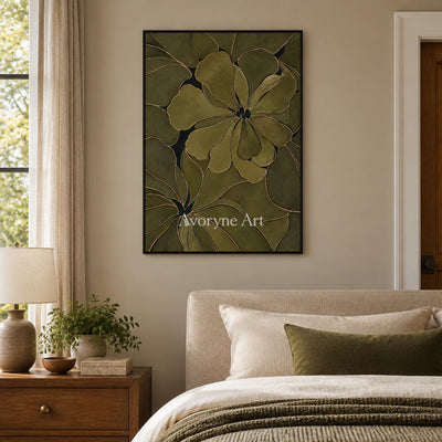 Olive Petals: Decorative Floral Pattern Wall Art — bedroom black