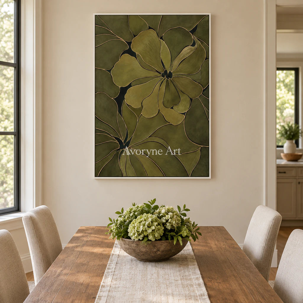 Olive Petals: Decorative Floral Pattern Wall Art — dining white