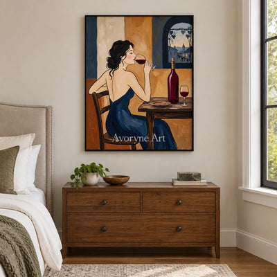 Verdant Passage decorative glass wall art with a black frame above a bed in a bedroom