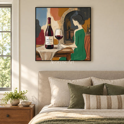 Verdant Reverie decorative glass wall art with a black frame above a bed in a bedroom