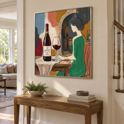 Verdant Reverie decorative glass wall art with a silver frame in an entryway