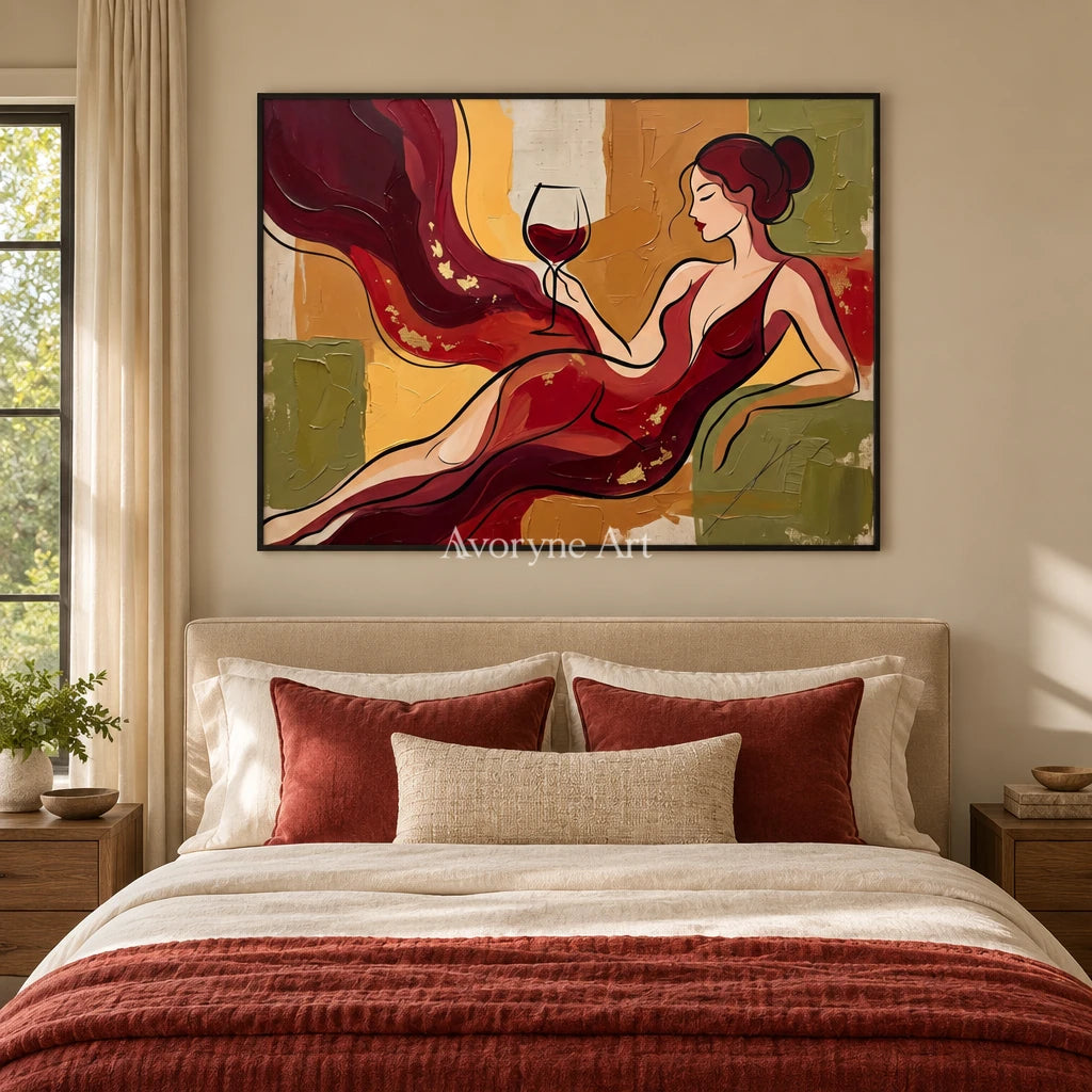 Verdant Echo decorative glass wall art with a black frame above a bed in a bedroom