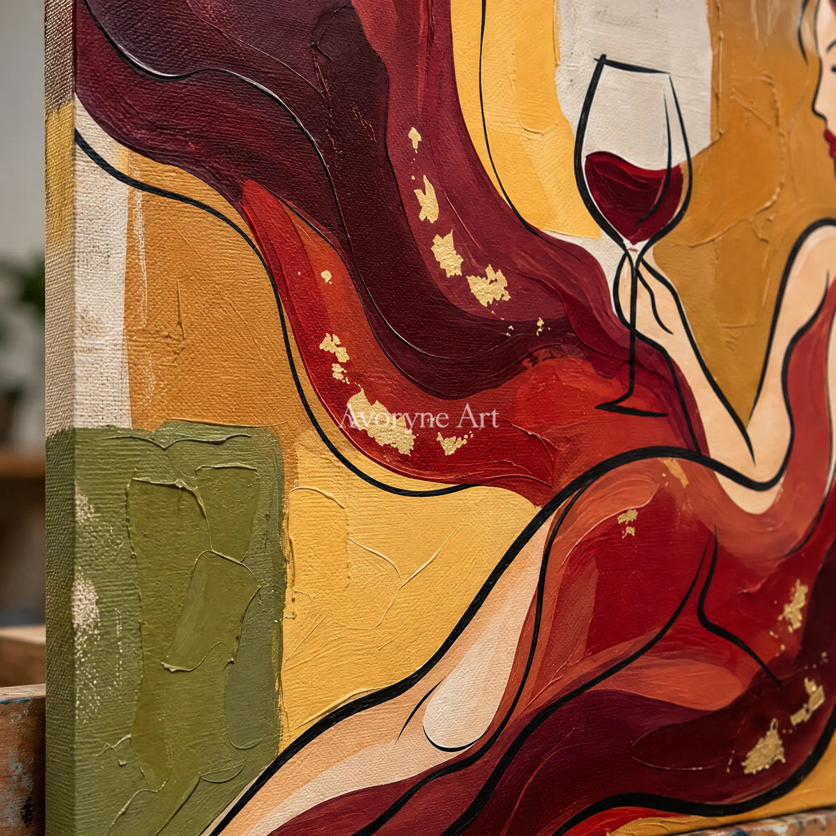 Close-up of the hand-painted texture of Verdant Echo decorative glass wall art on an easel