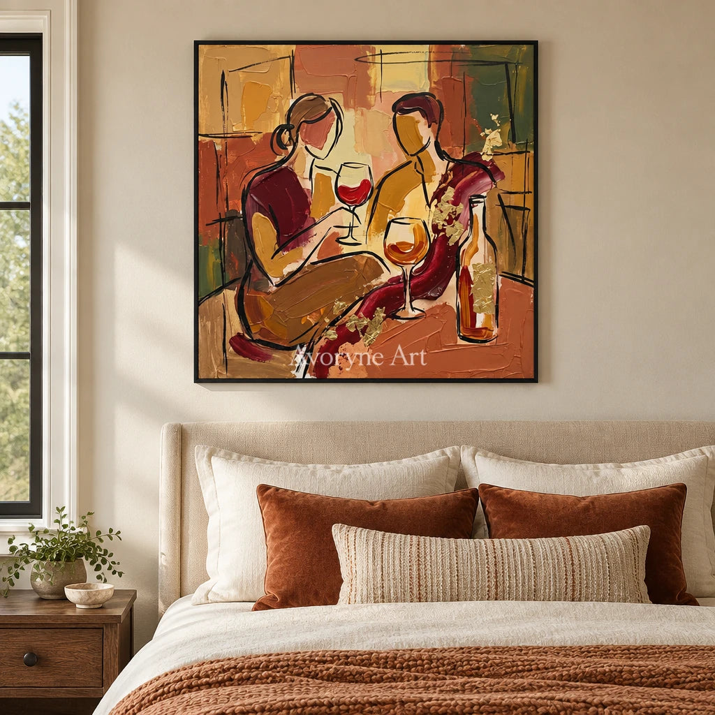 Verdant Rhythm decorative glass wall art with a black frame above a bed in a bedroom