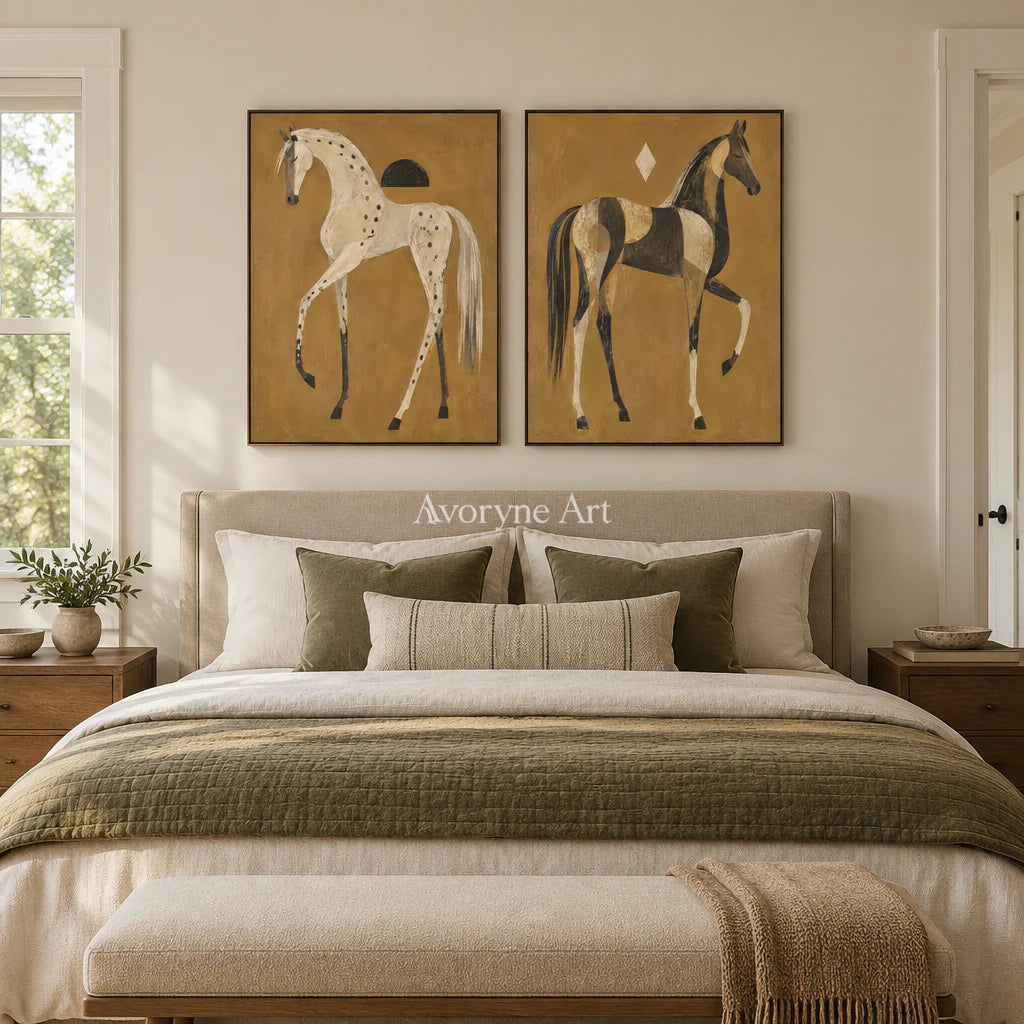 Ochre Companions: Decorative Horse Diptych Wall Art — bedroom black