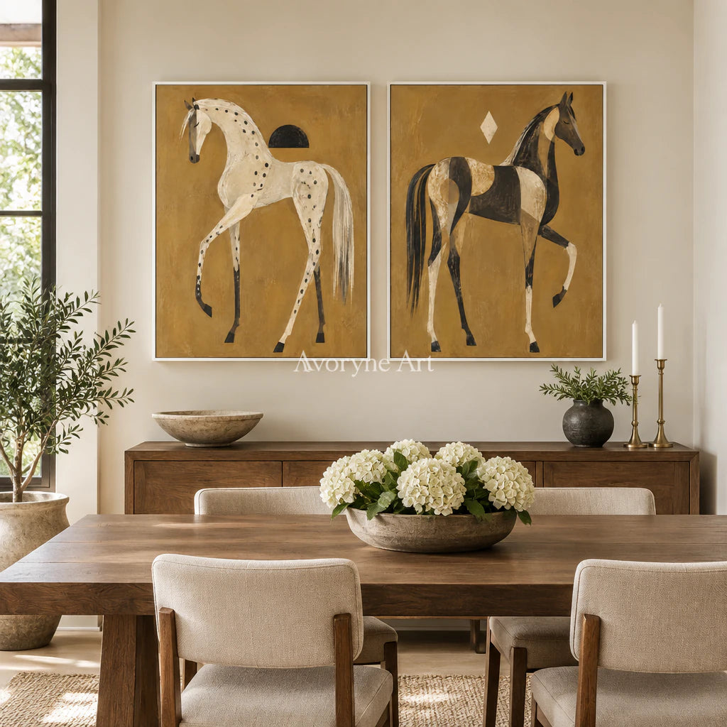 Ochre Companions: Decorative Horse Diptych Wall Art — dining white