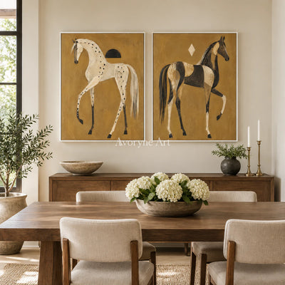 Ochre Companions: Decorative Horse Diptych Wall Art — dining white