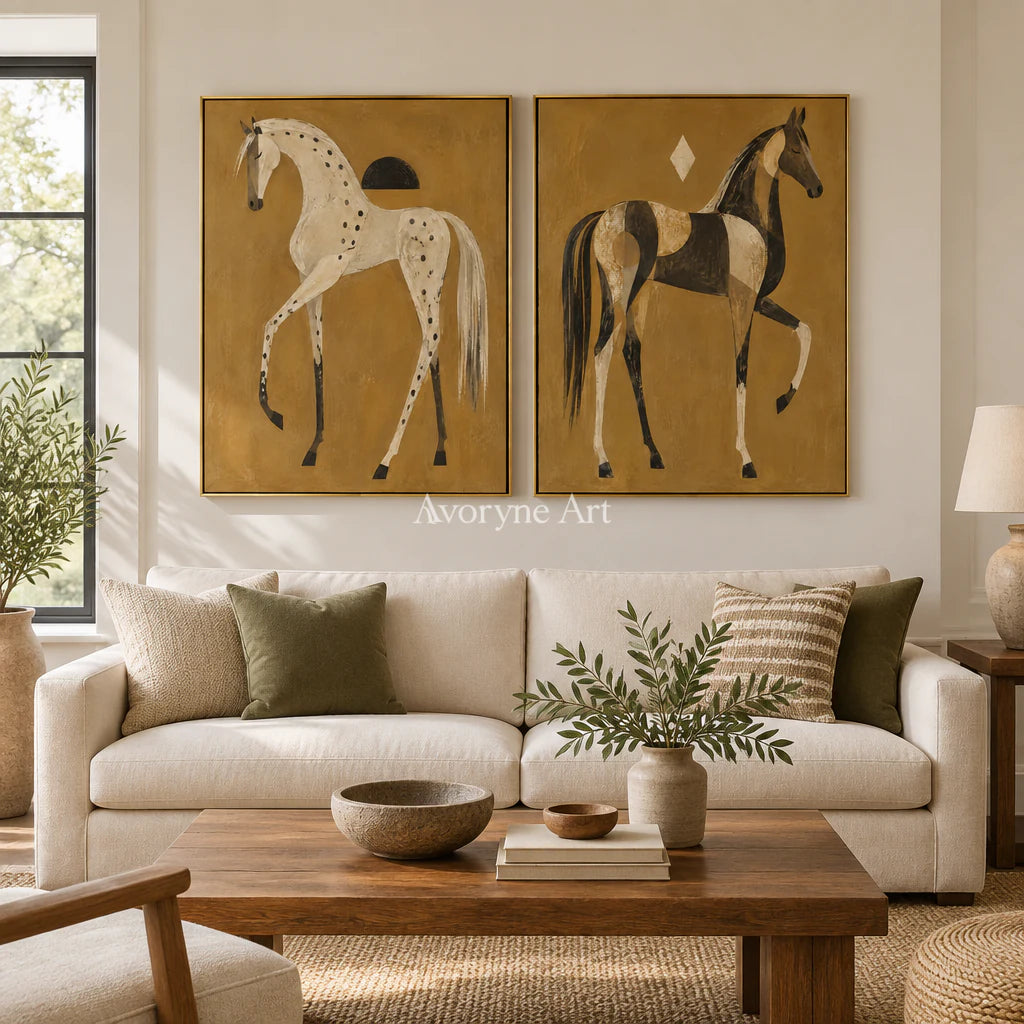 Ochre Companions: Decorative Horse Diptych Wall Art — living gold