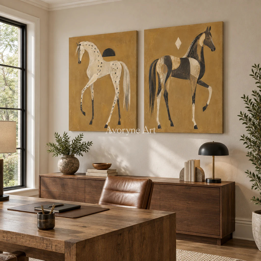 Ochre Companions: Decorative Horse Diptych Wall Art — office frameless