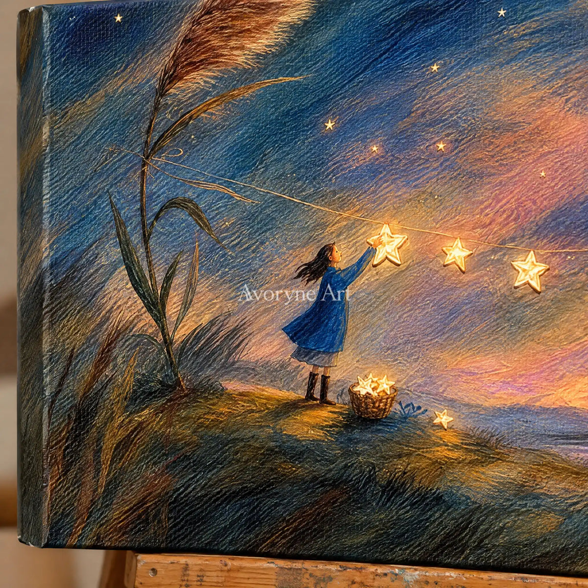 Close-up of the hand-painted texture of Blue Horizon dreamlike scene wall art on an easel