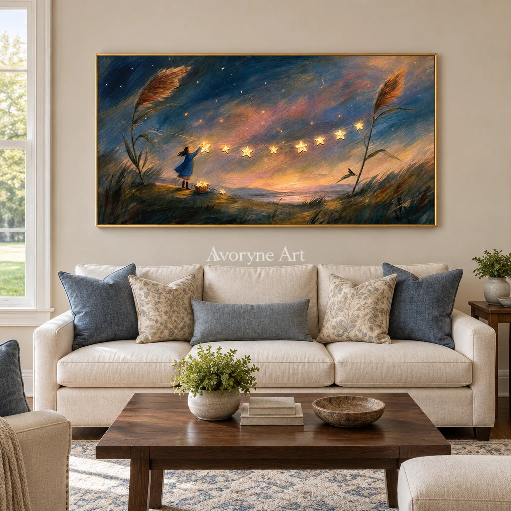 Blue Horizon dreamlike scene wall art with a gold frame hanging in a living room