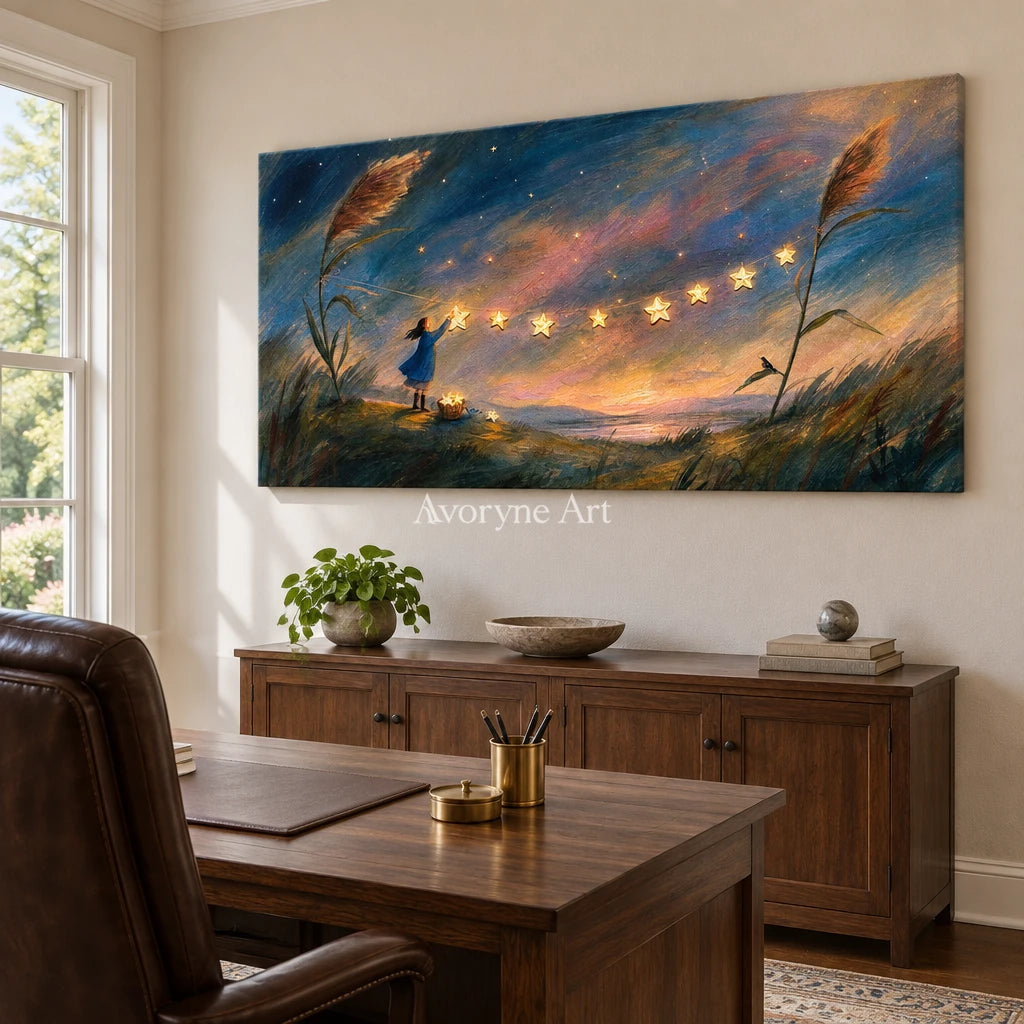 Blue Horizon dreamlike scene wall art as a frameless stretched canvas in a home office