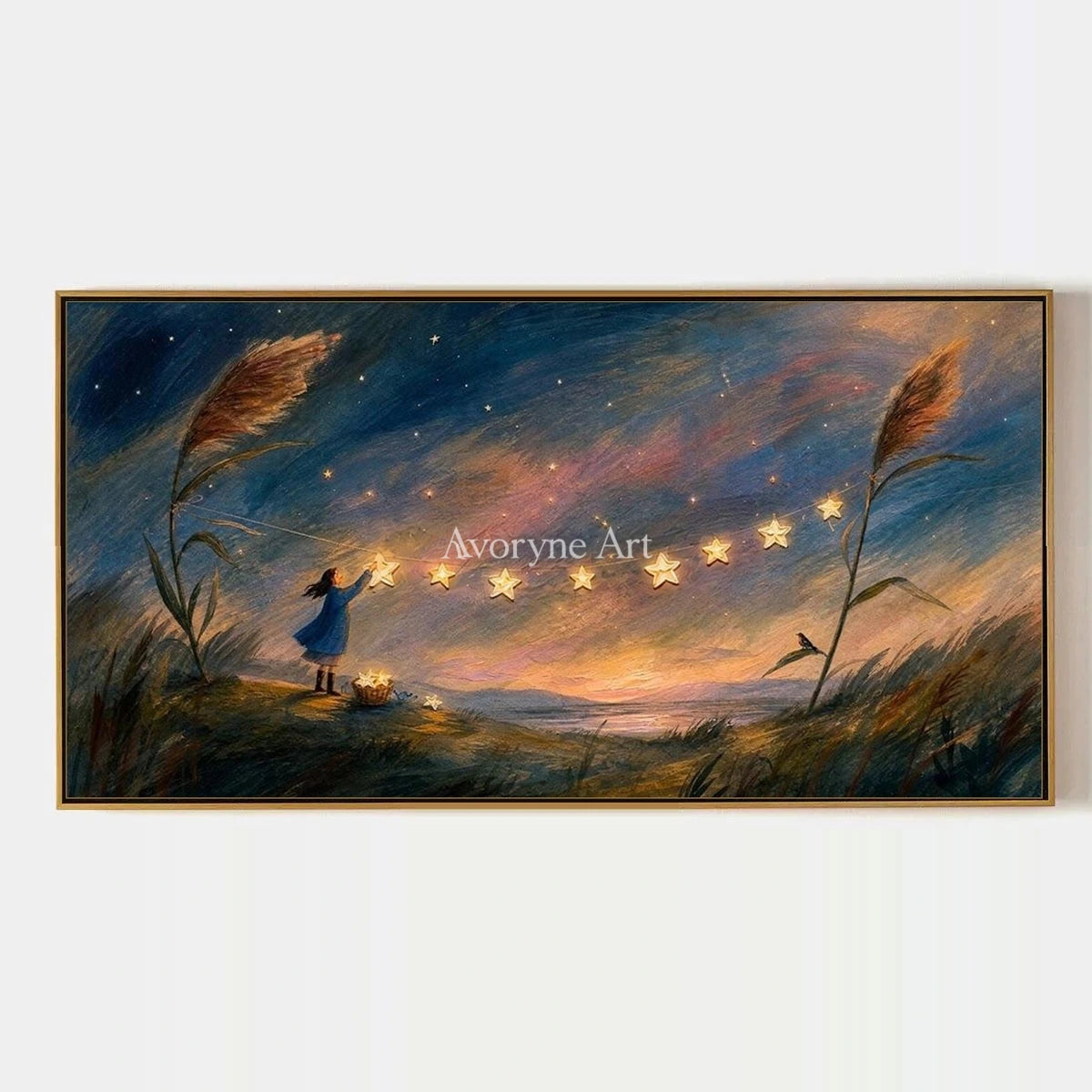 Blue Horizon, hand-painted dreamlike scene wall art by Declan O’Brien