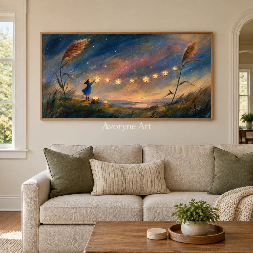 Blue Horizon dreamlike scene wall art with a wood frame in a villa living space