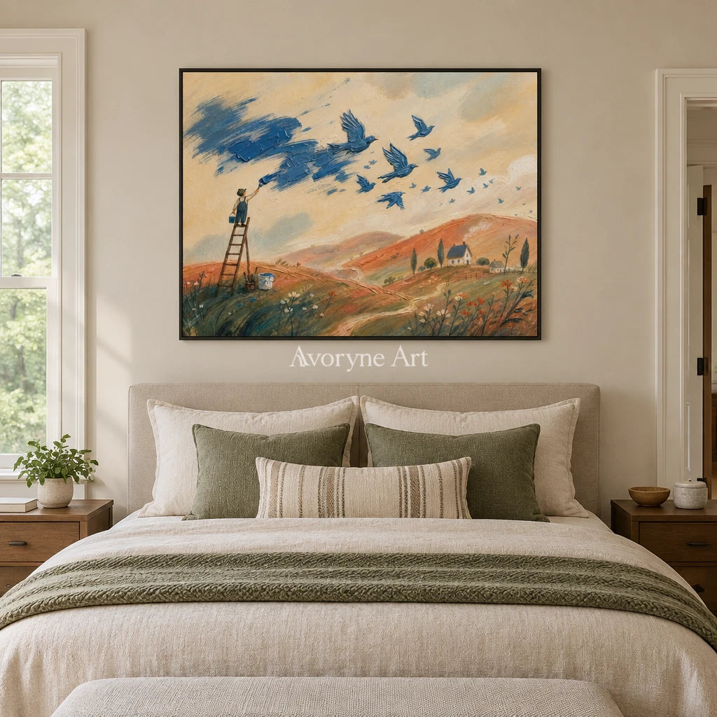 Blue Gesture dreamlike scene wall art with a black frame above a bed in a bedroom