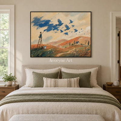 Blue Gesture dreamlike scene wall art with a black frame above a bed in a bedroom