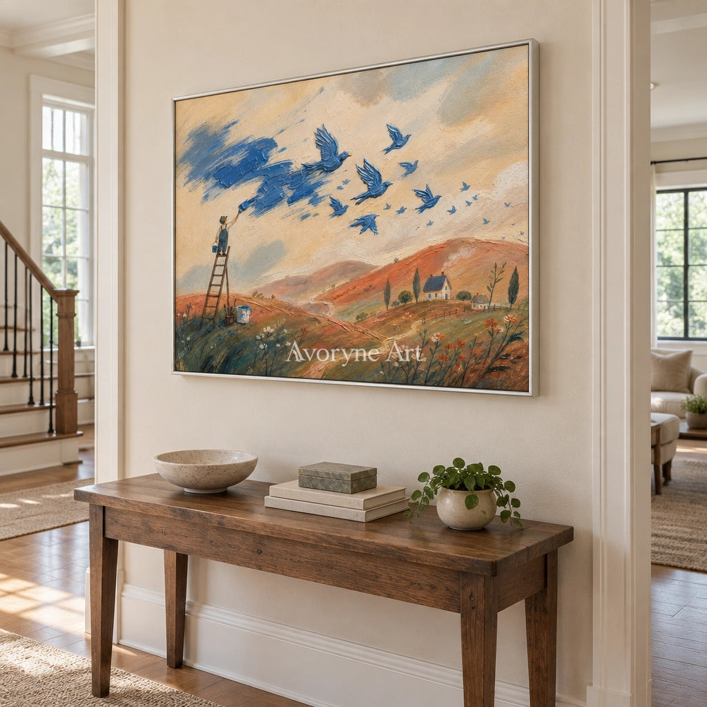Blue Gesture dreamlike scene wall art with a silver frame in an entryway