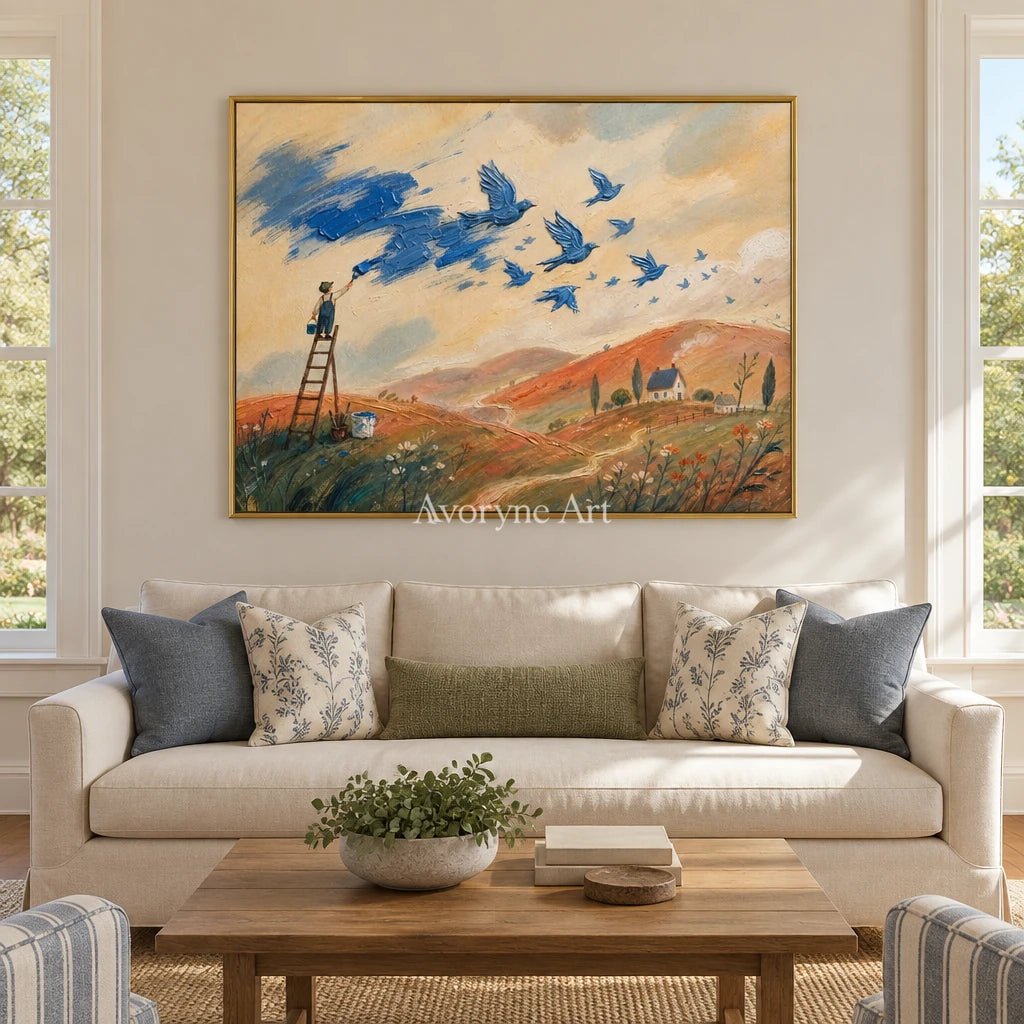 Blue Gesture dreamlike scene wall art with a gold frame hanging in a living room