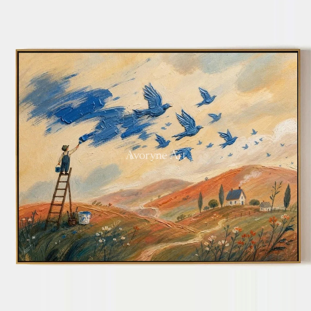 Blue Gesture, hand-painted dreamlike scene wall art by Declan O’Brien
