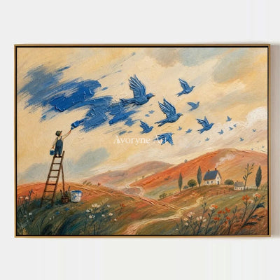 Blue Gesture, hand-painted dreamlike scene wall art by Declan O’Brien