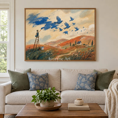 Blue Gesture dreamlike scene wall art with a wood frame in a villa living space