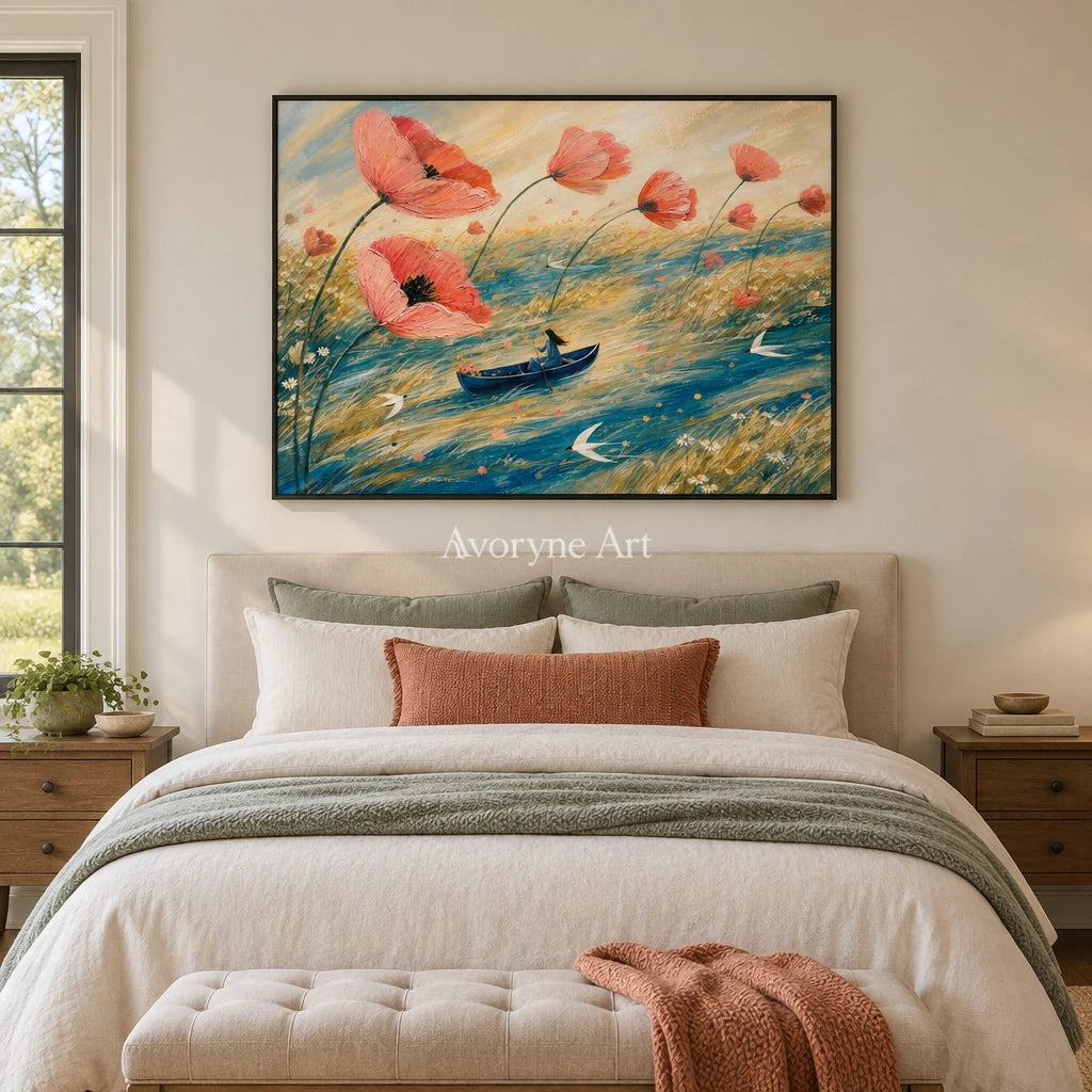 Blue Mosaic dreamlike scene wall art with a black frame above a bed in a bedroom