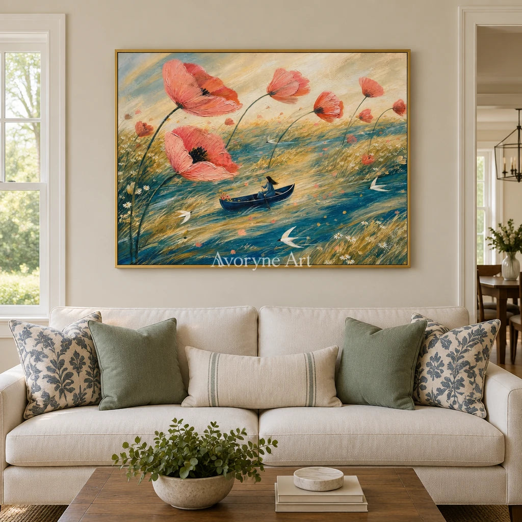 Blue Mosaic dreamlike scene wall art with a gold frame hanging in a living room