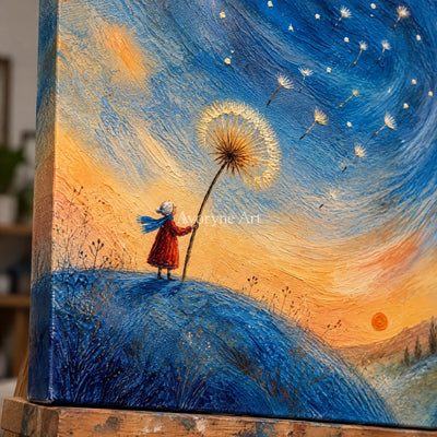 Close-up of the hand-painted texture of Blue Drift dreamlike scene wall art on an easel