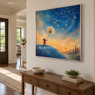 Blue Drift dreamlike scene wall art with a silver frame in an entryway