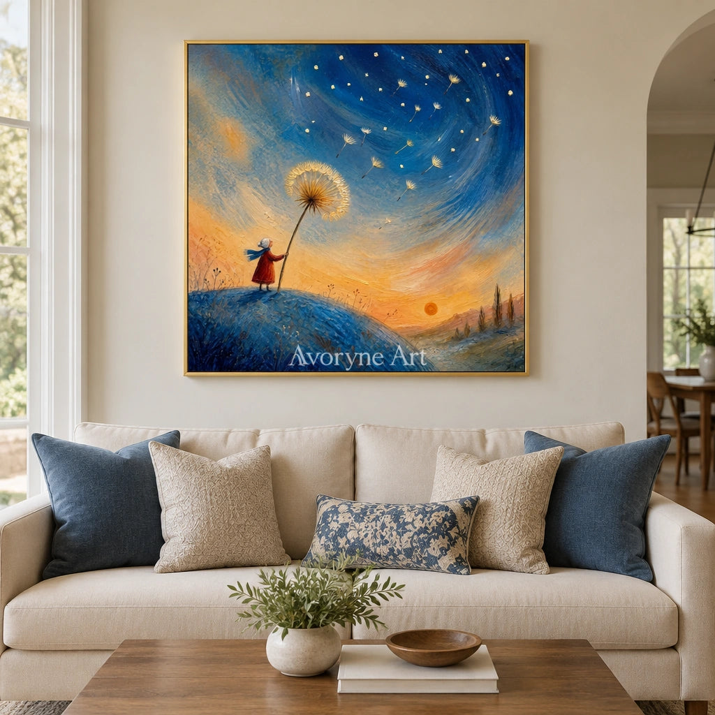 Blue Drift dreamlike scene wall art with a gold frame hanging in a living room