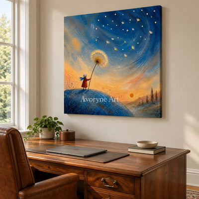 Blue Drift dreamlike scene wall art as a frameless stretched canvas in a home office